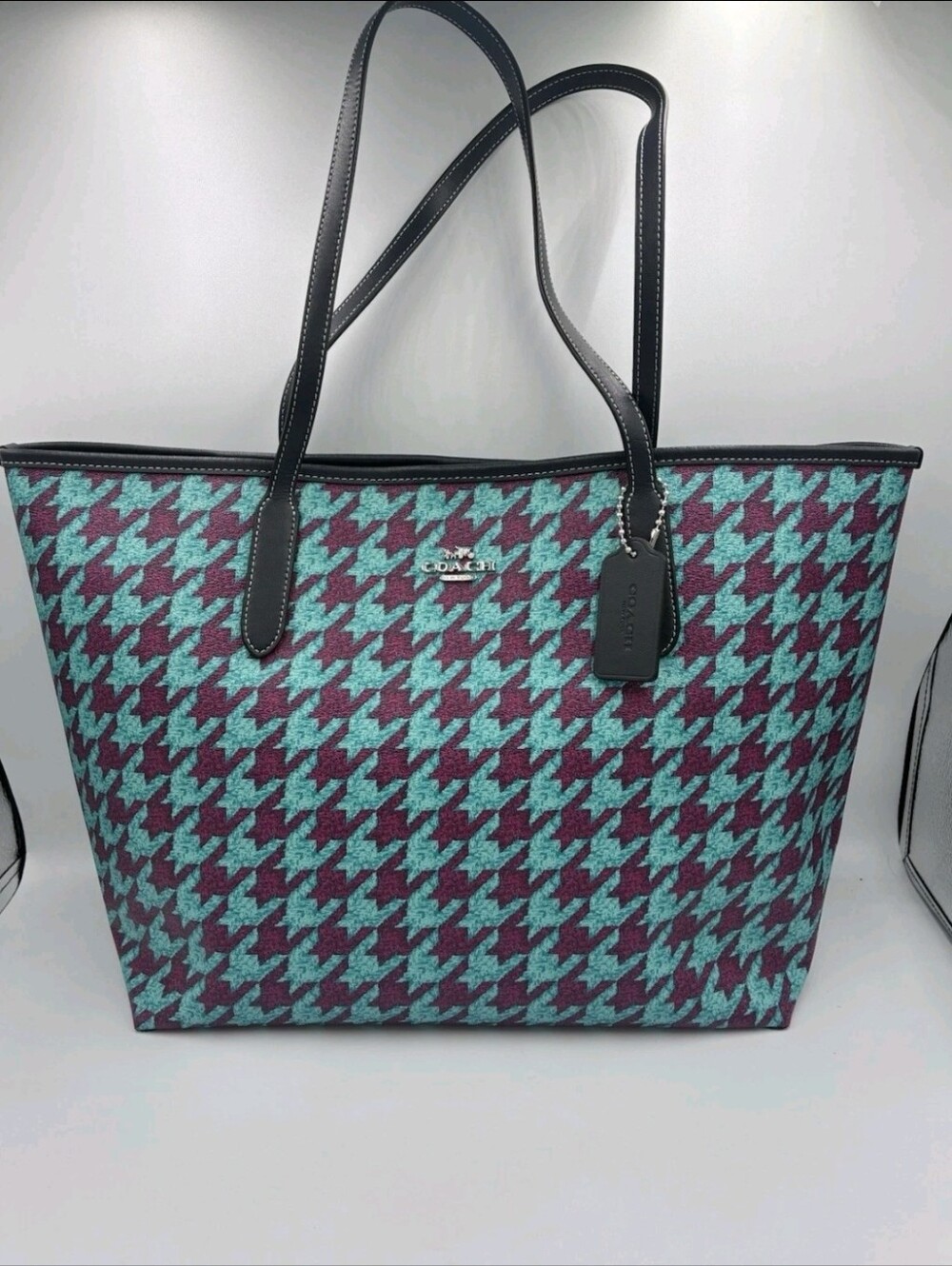 COACH CJ626 Teal Purple Houndstooth Large City Tote Shoulder Bag Navy Trim
